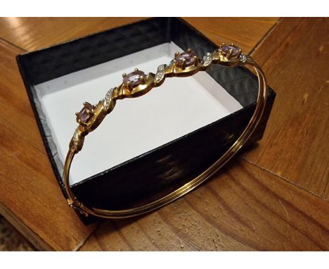 9ct Gold, Ameythst &amp; Diamond Bangle - 5.8g