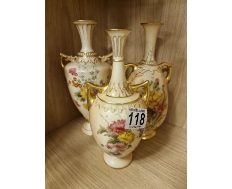 Trio of Turn-of-the-Century Royal Worcester Blush Floral Urn Vases - 21cm high - marked 1913,1920 and 1763 to bases