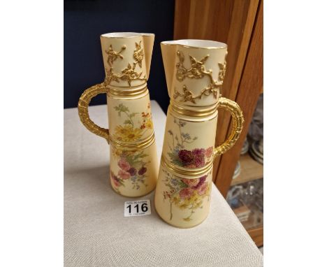 Pair of Early 1900's Royal Worcester Floral Jugs - Puce mark 1047 - 21cm high
