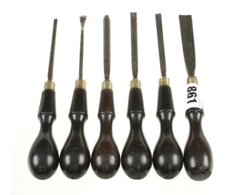 Six carving tools by MARPLES with ebony and rosewood handles (crack to two handles) G