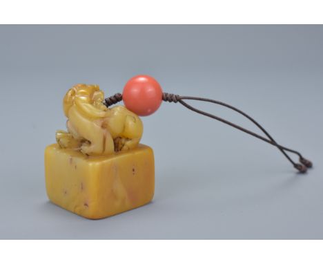 Chinese Soapstone Seal surmounted by a Lion with inscriptions, 4cms x 2.5cms