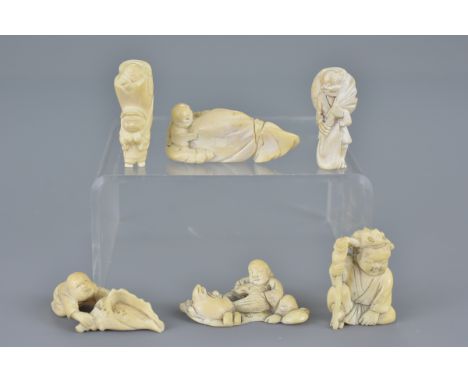 Six various 19/20th century Japanese carved Ivory netsuke. Approx. 4cms to 6cms high (6)