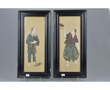 Pair of Vintage Japanese Paintings on Silk depicting a Farmer and an Entertainer, with shop mark to one painting lower left, 