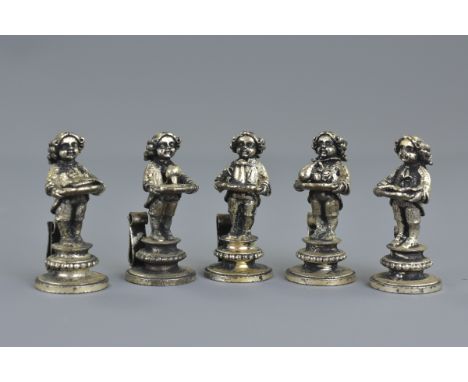 A group of five vintage silver plated name / menu holders in the form of boys serving food dishes. 4.5cm tall&nbsp;