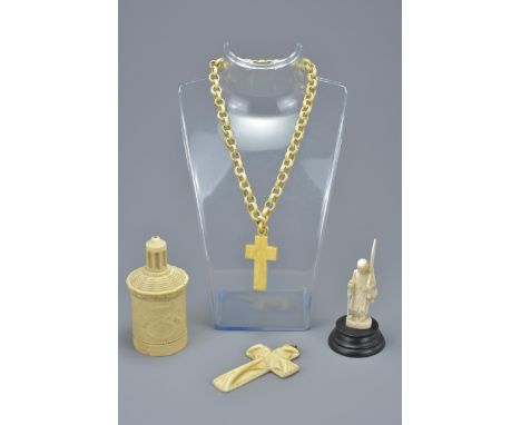 Four 19th century Ivory Items including a Chinese Jar &amp; Lid with English Crest, 9.5cms high, Chinese Figure holding a Fan