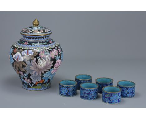 Chinese Cloisonné Enamel Jar and Cover, 18cms high together with Six Cloisonné Enamel Napkin Rings