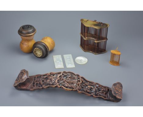 Six Chinese Items to include Two Gourd Cricket Cages, 10cms high, Horn &amp; Bamboo Stick Cricket Cage, another Cricket Cage,