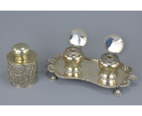 English Silver Inkstand with Two Inkwells both with Glass Liners, full English hallmarks, presentation inscription,&nbsp; Lon