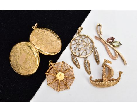 THREE 9CT GOLD PENDANTS AND TWO YELLOW METAL PENDANTS, the first of a Viking ship form, hallmarked 9ct gold London, a scroll 
