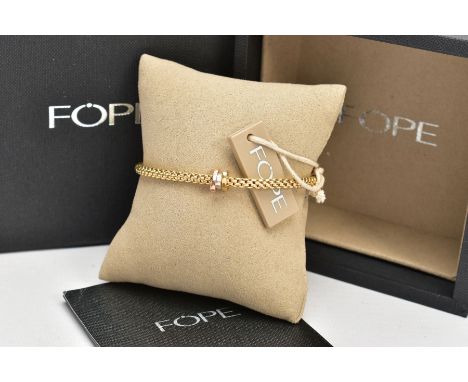 AN 18CT GOLD 'FOPE' BRACELET, brick link snake chain, fitted with a tri-colour yellow, rose and white gold charm, a signed 'F