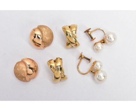 THREE PAIRS OF YELLOW METAL NON-PIERCED EARRINGS, the first a pair of circular earrings with a textured design, clip back fit