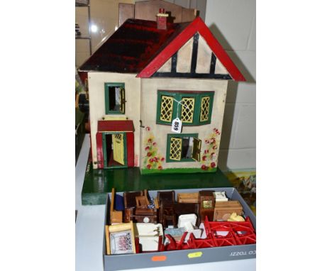 A WOODEN DOLLS HOUSE, in the Tri-ang Tudorbethan style, front opening to reveal three rooms and an entrance hallway over two 