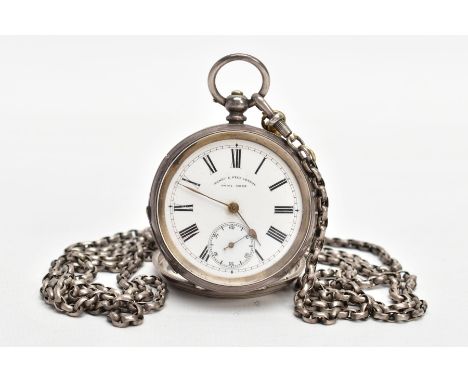 A WHITE METAL OPEN FACE POCKET WATCH WITH ALBERT CHAIN, the watch with a round white dial signed 'Henry C Peck, London, Swiss