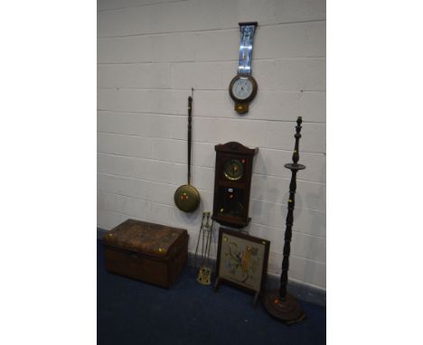 A QUANTITY OF OCCASIONAL FURNITURE, to include an oak wall clock, oak barometer with a mirrored back, standard lamp stand, oa