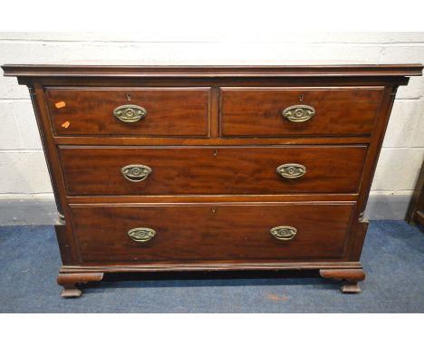 A GEORGIAN MAHOGANY CHEST OF TWO SHORT OVER TWO LONG DRAWERS, brass oval handles and escutcheons, quarter columns to front co