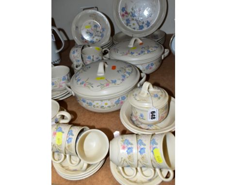 FORTY TWO PIECES OF POOLE SPRINGTIME DINNERWARES, comprising two tureens, preserve pot, six dinner plates, eight dessert bowl