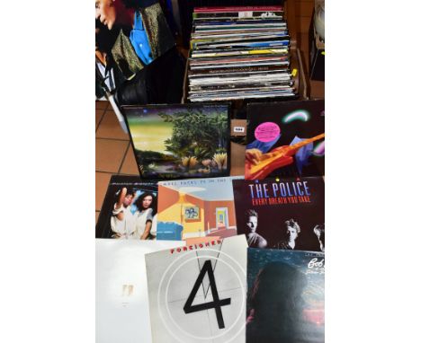 A BOX OF 33 RPM LP RECORDS AND SUNDRIES ETC, records include Rod Stewart, ZZ Top, Human League, Marillion, Dire Straits, U2, 