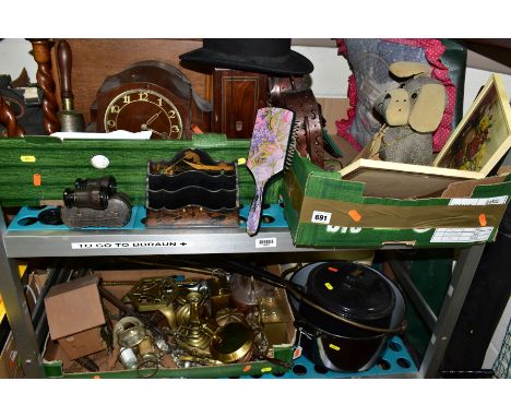 THREE BOXES AND LOOSE SUNDRY ITEMS, ETC, to include a brass fireside companion set, trivet, candlesticks, horse brasses, cuck