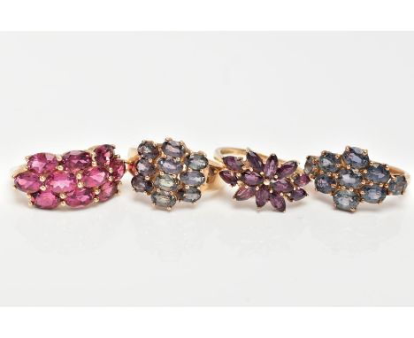 FOUR 9CT GOLD GEM SET DRESS RINGS, the first a cluster of oval cut pink tourmaline, ring size N, the second a cluster of marq