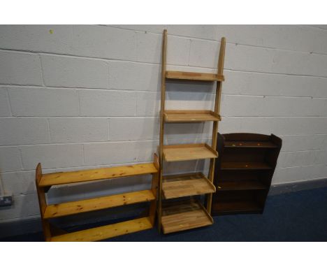 THREE BOOKCASES comprising a light oak five tier wall mounted bookcase, mahogany open bookcase and a pine three tier hanging 