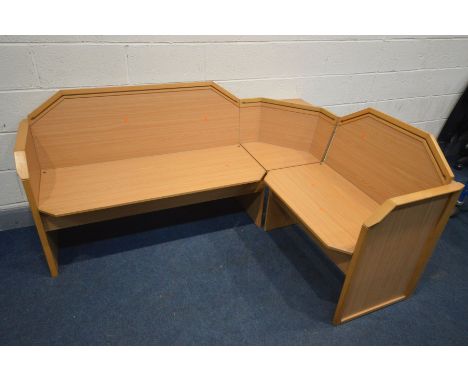 A MODERN BEECH CORNER BENCH, with two storage compartments, length 175cm x depth 130cm x height 88cm (condition:- one faulty 