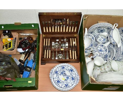 TWO BOXES AND LOOSE CERAMICS, PENS, PIPES, CUTLERY, ETC, including a forty piece Johnson Bros Indies pattern ironstone dinner