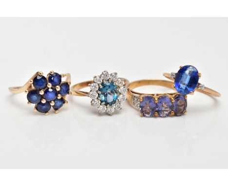 FOUR 9CT GOLD GEM SET RINGS, of various designs, set with gemstones such as sapphire, kyanite, spinel, cubic zirconia etc, tw