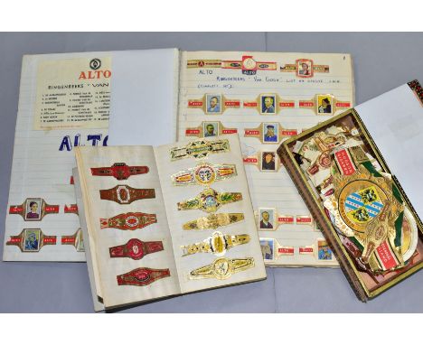 A COLLECTION OF VINTAGE CIGAR BANDS, mainly Dutch, stuck in two albums, with a quantity of loose items contained in a wooden 