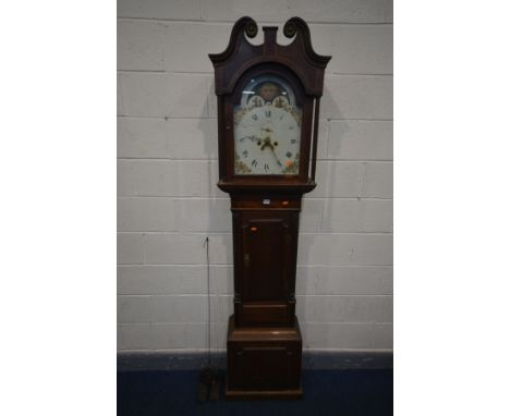 THOMAS HOLMES OF CHEADLE, STAFFORDSHIRE (c1763-1857) A GEORGE III OAK AND MAHOGANY 8 DAY LONGCASE CLOCK, the hood with a swan