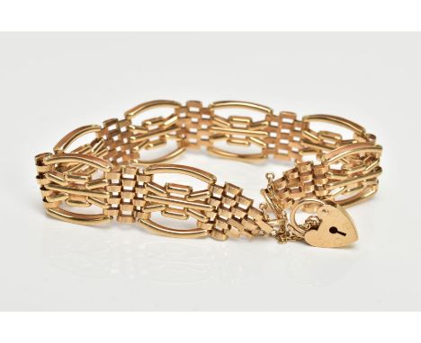 A 9CT GOLD GATE BRACELET, hallmarked 9ct gold Sheffield, fitted with a heart clasp stamped '375', with an additional safety c