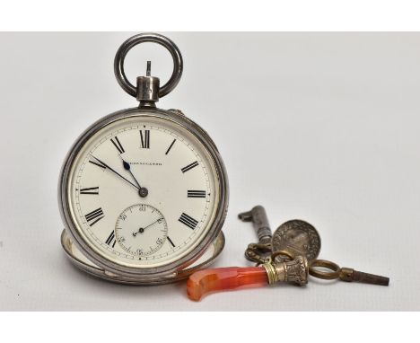 A SILVER OPEN FACE POCKET WATCH, WATCH KEY AND FOBS, the pocket watch, with a round white dial signed ‘Chronometer’ Roman num