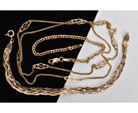 A 9CT GOLD PLAIT BRACELET, CURB LINK BRACELET AND A CHAIN, the first bracelet of a tri-colour yellow, white and rose gold pla
