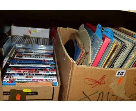 FOUR BOXES OF BOOKS, RECORDS, DVDS, CDS, VHS AND CASSETTE TAPES, to include sewing, poetry and reference books, vinyl LPs, si