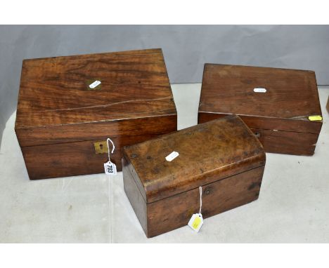 THREE VICTORIAN ROSEWOOD AND WALNUT VENEERED BOXES, comprising a burr walnut tea caddy with two covered compartments beneath 