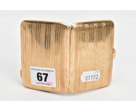 A 9CT GOLD CIGARETTE CASE, of rectangular outline with banded engine turned detail and push clasp, 9ct hallmark rubbed, lengt