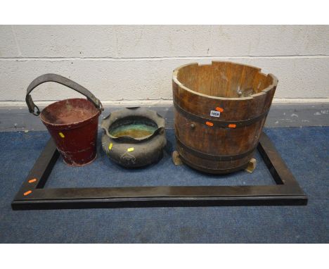 AN OAK  COOPERED BUCKET, vintage fire bucket with leather handle, cast iron fender and copper circular planter (4)  - this lo