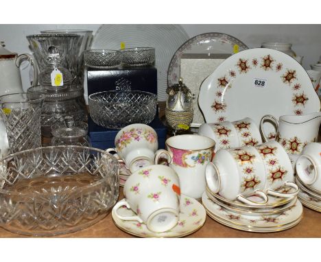 A GROUP OF CERAMICS AND GLASSWARES, to include a twenty one piece part tea set in Flamenco pattern by Paragon, comprising cak