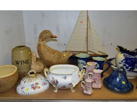 A GROUP OF CERAMICS, MANTEL CLOCK AND LARGE HOME DECOR ITEMS, to include a wooden model yacht, attached to plinth (s.d.), app