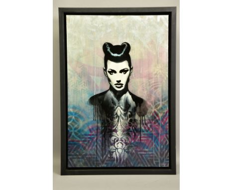 TROIKA (CONTEMPORARY) 'DARK HUMOUR', a stencil portrait of a female figure, signed verso, mixed media on canvas, approximate 
