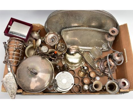 A BOX OF WHITE METAL WARE, to include a large oval silver-plated tray with a pierced rim, a boxed stainless-steel hipflask, e