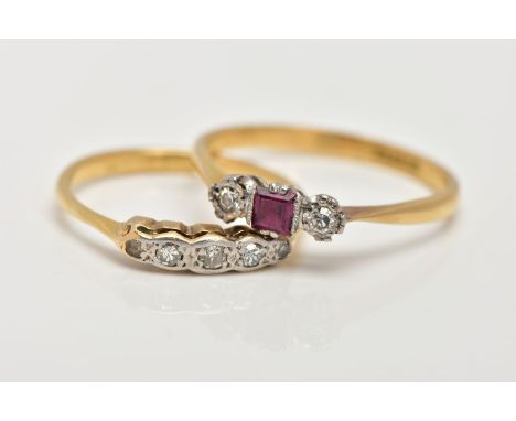 TWO YELLOW METAL DIAMOND RINGS, the first a three stone ring set with a central square cut ruby, flanked with illusion set si
