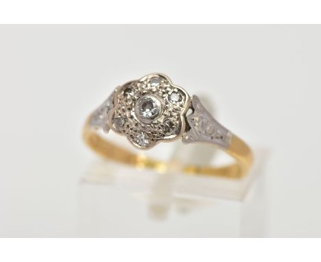 AN 18CT GOLD AND PLATINUM DIAMOND CLUSTER RING, the cluster of a flower shape, set with a central round brilliant cut diamond