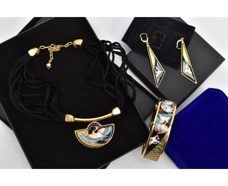 A THREE PIECE 'MICHAELA FREY' ENAMELLED SUITE, to include a yellow metal pendant decorated with a bird in flight, fitted on a