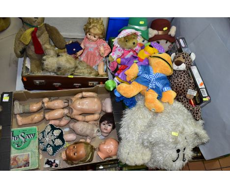 A QUANTITY OF DOLLS, DOLLS CLOTHING AND SOFT TOYS, dolls include Gebruder Heubach bisque head doll, nape of neck marked 'Heub