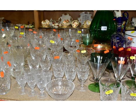 A QUANTITY OF CUT AND COLOURED GLASS to include six Edinburgh crystal wine glasses, unbranded set of six, incomplete sets of 