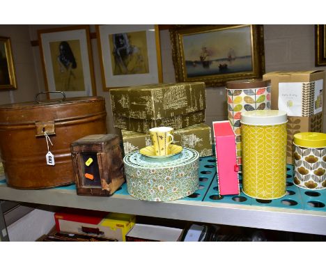 STORAGE ITEMS ETC, comprising three Oarla Kiely cylindrical tins, metal hat box, vintage Harrods cardboard boxes, striped gif