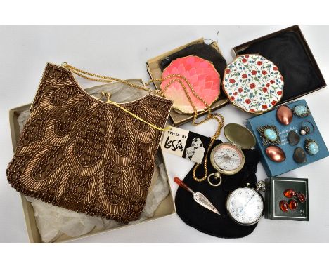 A BOX OF MISCELLANIEOUS ITEMS, to include a lady's gold tone beaded bag fitted with a yellow metal strap, two boxed 'Stratton