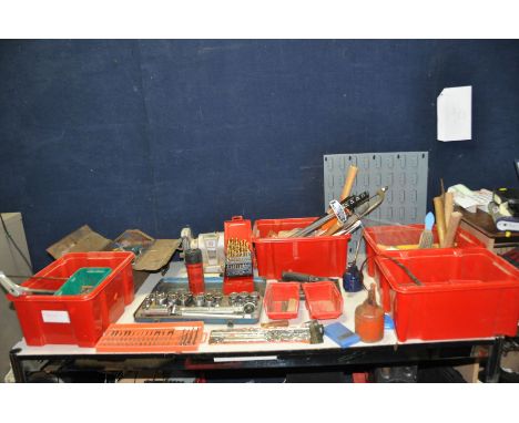 FOUR TRAYS AND A METAL TOOLBOX containing hand tools including a vintage Black and Decker Bench Grinder (PAT fail due to unin