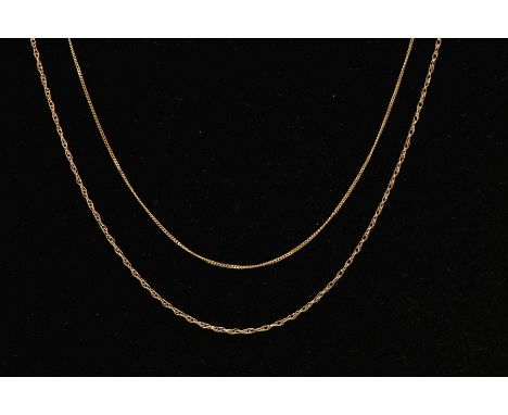 TWO YELLOW METAL CHAINS, the first a fine curb link chain, fitted with a lobster claw clasp, hallmarked 14ct gold Sheffield, 