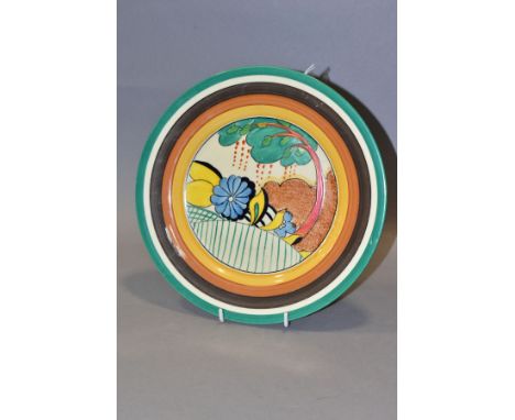 A CLARICE CLIFF DEVON PATTERN PLATE FROM THE FANTASQUE BIZZARE RANGE, transfer printed backstamp, approximate diameter 9 inch